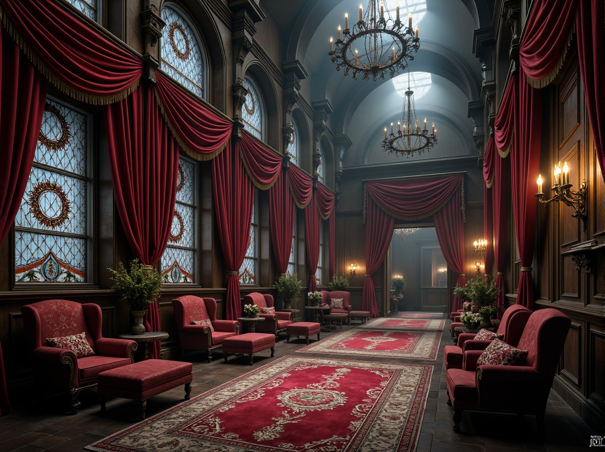 Prompt: Luxurious velvet drapes, richly embroidered upholstery, mysterious dark wood paneling, grandiose stone walls, intricate stained glass windows, mystical medieval patterns, ornate metal fixtures, lavish crimson red accents, dramatic chandeliers, opulent tassels, eerie candlelight, foggy misty atmosphere, high ceilings, imposing archways, mysterious secret rooms, vintage gothic furniture, antique tapestries, heavy drapery, regal throne-like chairs, mystical symbolic motifs, elaborate carvings, somber muted colors, dim warm lighting, shallow depth of field, 1/2 composition, realistic textures, ambient occlusion.