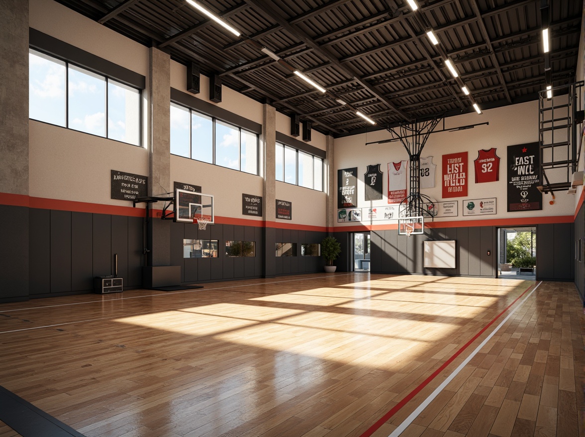 Prompt: Modern gymnasium interior, high ceilings, polished wooden floors, athletic equipment, basketball hoops, sports jerseys, motivational quotes, natural light pouring in, large windows, softbox lighting, LED strip lights, warm color temperature, 1/2 composition, shallow depth of field, realistic shadows, ambient occlusion, dynamic reflections.