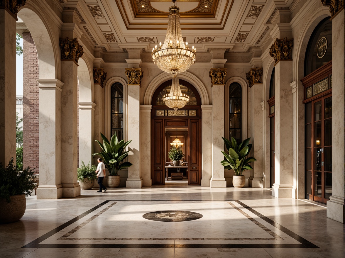 Prompt: Grandiose Neoclassical facade, marble columns, ornate carvings, polished bronze details, limestone walls, granite flooring, rich wood paneling, crystal chandeliers, intricate moldings, symmetrical composition, classical proportions, subtle color palette, soft warm lighting, shallow depth of field, 2/3 composition, realistic textures, ambient occlusion.