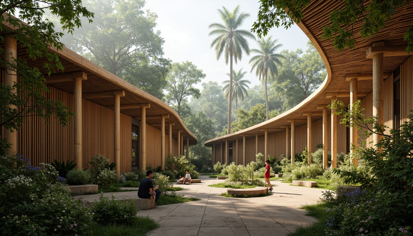 Prompt: Organic bamboo structures, curved lines, natural textures, sustainable materials, eco-friendly design, tropical environments, lush greenery, misty atmosphere, warm lighting, shallow depth of field, 1/1 composition, realistic rendering, ambient occlusion, serene ambiance, Asian-inspired architecture, minimalist decor, natural ventilation systems, energy-efficient solutions.