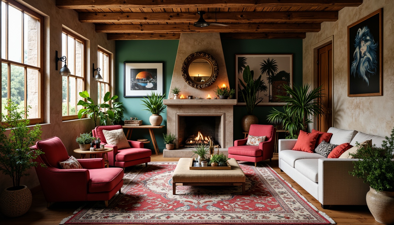 Prompt: Vibrant bohemian interior, mixed antique furniture, rich velvet fabrics, bold patterned rugs, eclectic art pieces, distressed wood accents, ornate metalwork, lush greenery, natural stone walls, warm candlelight, soft warm colors, layered textures, organic shapes, playful accessories, global-inspired decor, vintage collectibles, unconventional layout, creative freedom, expressive personality.