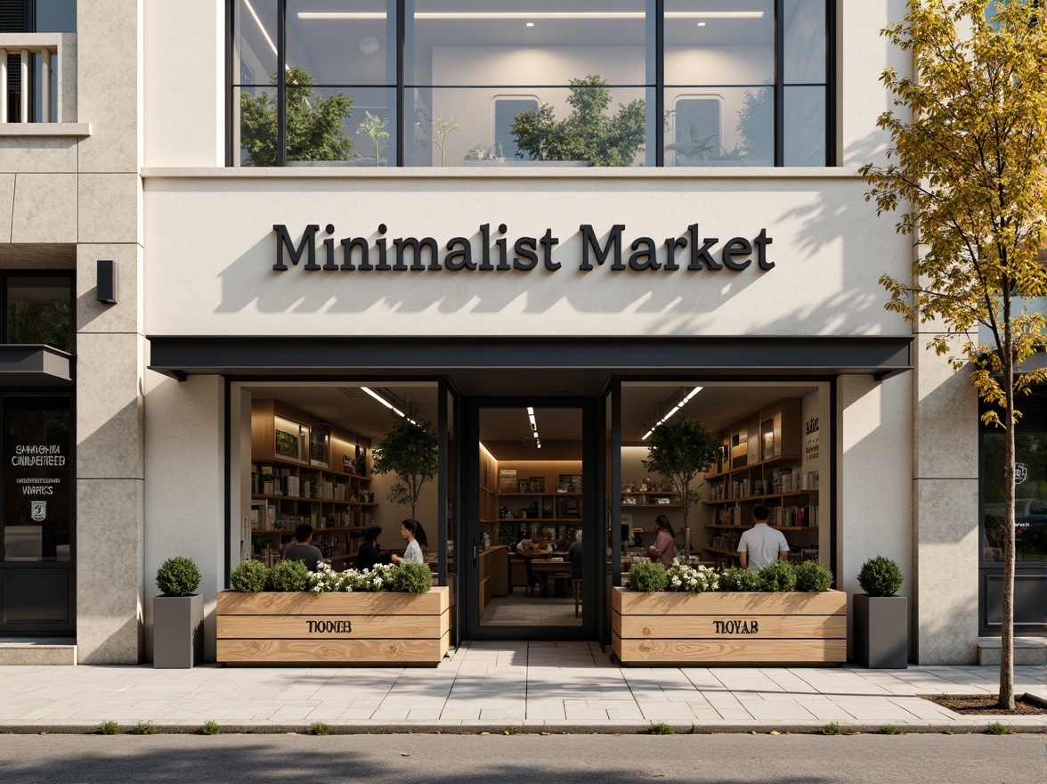 Prompt: Minimalist market facade, neutral color palette, clean lines, simple typography, subtle branding, natural stone cladding, large glass windows, steel frames, industrial chic aesthetic, urban context, busy street scene, morning sunlight, soft shadows, 1/1 composition, shallow depth of field, realistic textures, ambient occlusion.