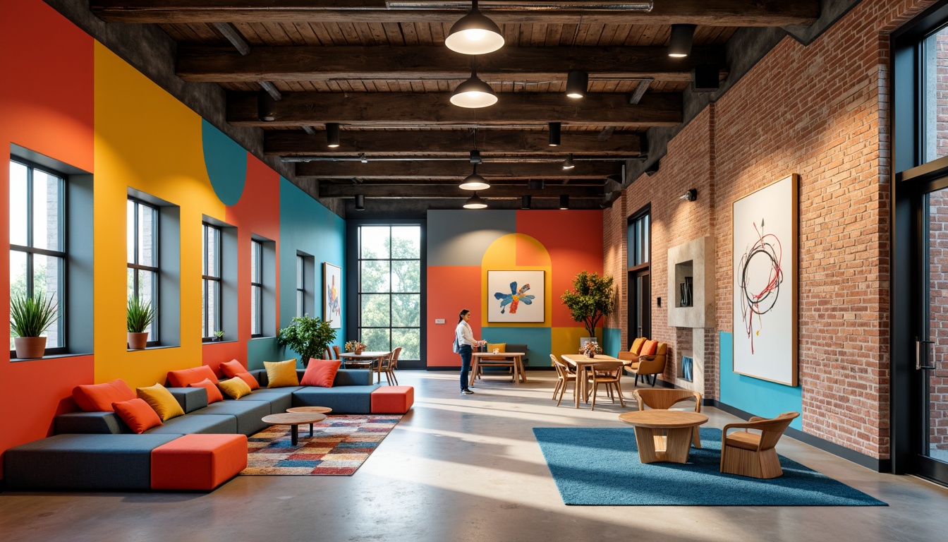 Prompt: Vibrant youth center, bold geometric shapes, bright primary colors, dynamic angular lines, industrial metal accents, exposed brick walls, polished concrete floors, modern minimalist furniture, abstract art installations, eclectic patterned rugs, natural wooden accents, warm soft lighting, shallow depth of field, 1/1 composition, realistic textures, ambient occlusion.