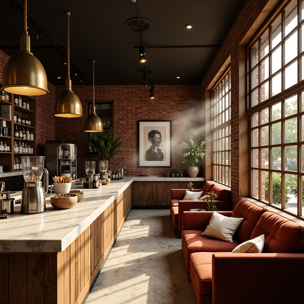 Prompt: Cozy coffee shop interior, warm earthy tones, rich brown wood accents, creamy white marble countertops, comfortable velvet sofas, industrial metal lighting fixtures, aromatic coffee beans, steamy milk textures, rustic brick walls, vintage wooden crates, soft morning sunlight, warm golden lighting, shallow depth of field, 1/2 composition, realistic materials, ambient occlusion.