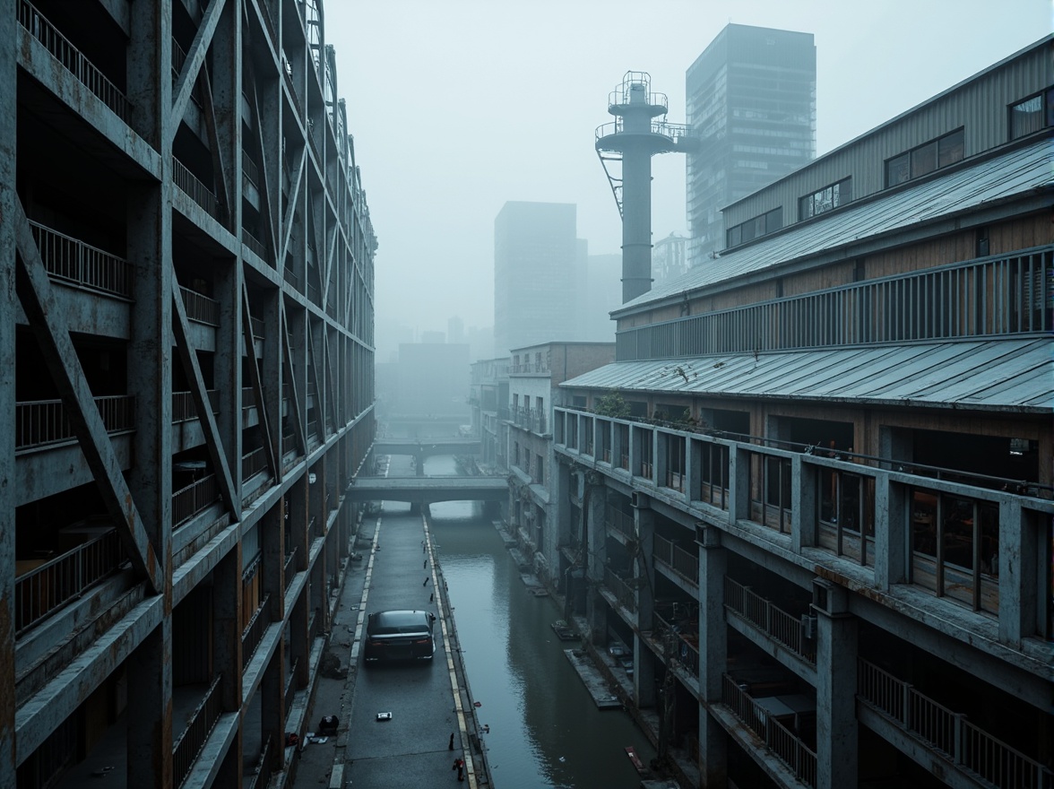 Prompt: Industrial building exterior, steel framework structure, metallic latticework, reinforced columns, angular beams, corrugated metal roofing, silver-gray color tone, urban cityscape, foggy morning atmosphere, dramatic backlighting, shallow depth of field, 2/3 composition, realistic reflections, ambient occlusion.