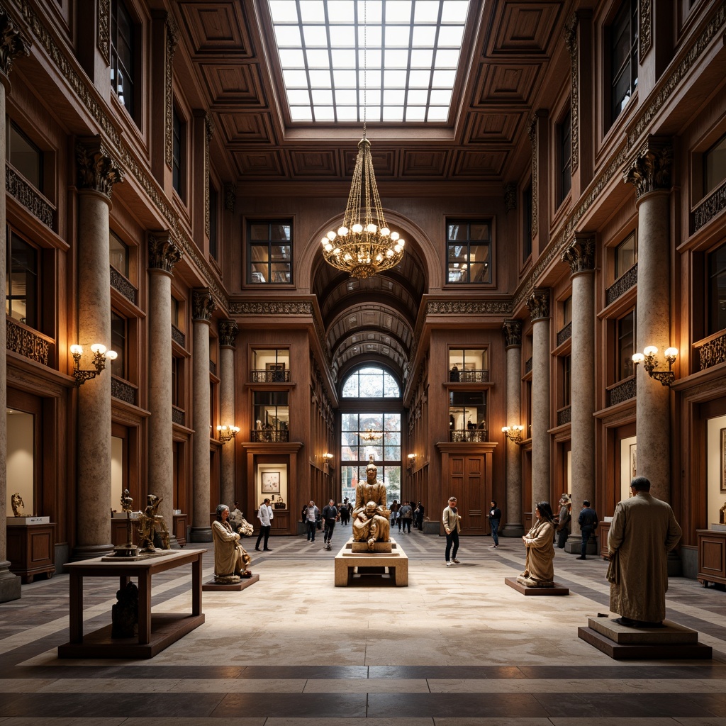 Prompt: Grand museum interior, academic style, ornate chandeliers, soft warm lighting, elegant wooden paneling, intricate moldings, majestic stone columns, polished marble floors, sophisticated display cases, ancient artifacts, historic relics, subtle spotlights, dramatic shadowing, diffused natural light, clerestory windows, indirect illumination, 1/2 composition, shallow depth of field, realistic textures, ambient occlusion.