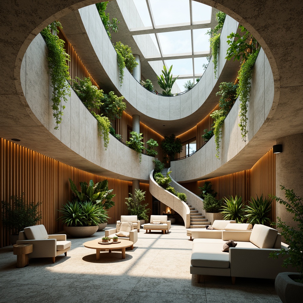 Prompt: Curved lines, flowing forms, undulating walls, natural stone facades, wooden accents, earthy tones, lush green roofs, hanging gardens, organic architecture, futuristic office spaces, minimalist interior design, ergonomic furniture, soft diffused lighting, 1/2 composition, shallow depth of field, cinematic view, realistic textures, ambient occlusion.