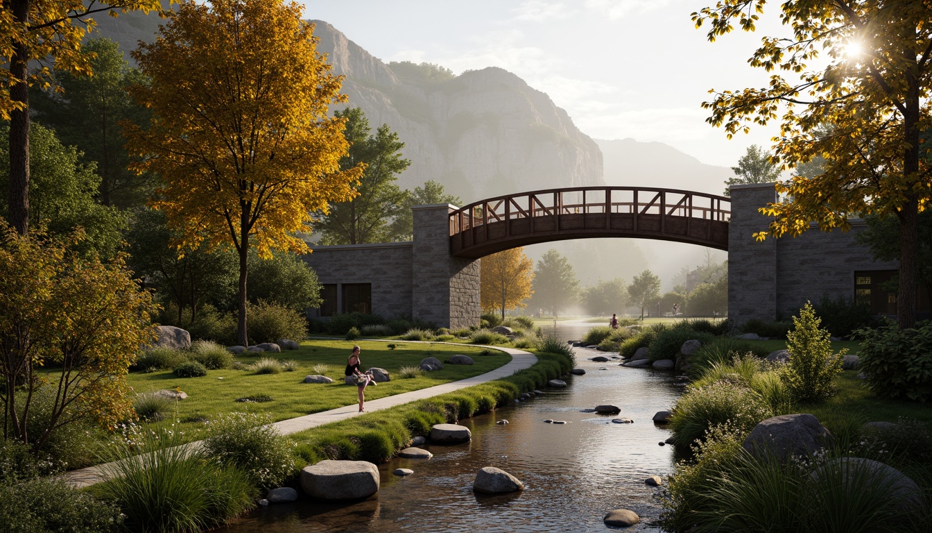 Prompt: Rustic steel bridge, natural stone piers, lush greenery, babbling brook, serene water reflections, misty morning atmosphere, warm golden lighting, shallow depth of field, 3/4 composition, panoramic view, realistic textures, ambient occlusion, organic curves, modern minimalist design, weathered wood accents, native plant species, meandering pedestrian paths, scenic overlooks, interpretive signage, educational exhibits, wheelchair accessibility, safety railings, vibrant autumn foliage, misty valleys.