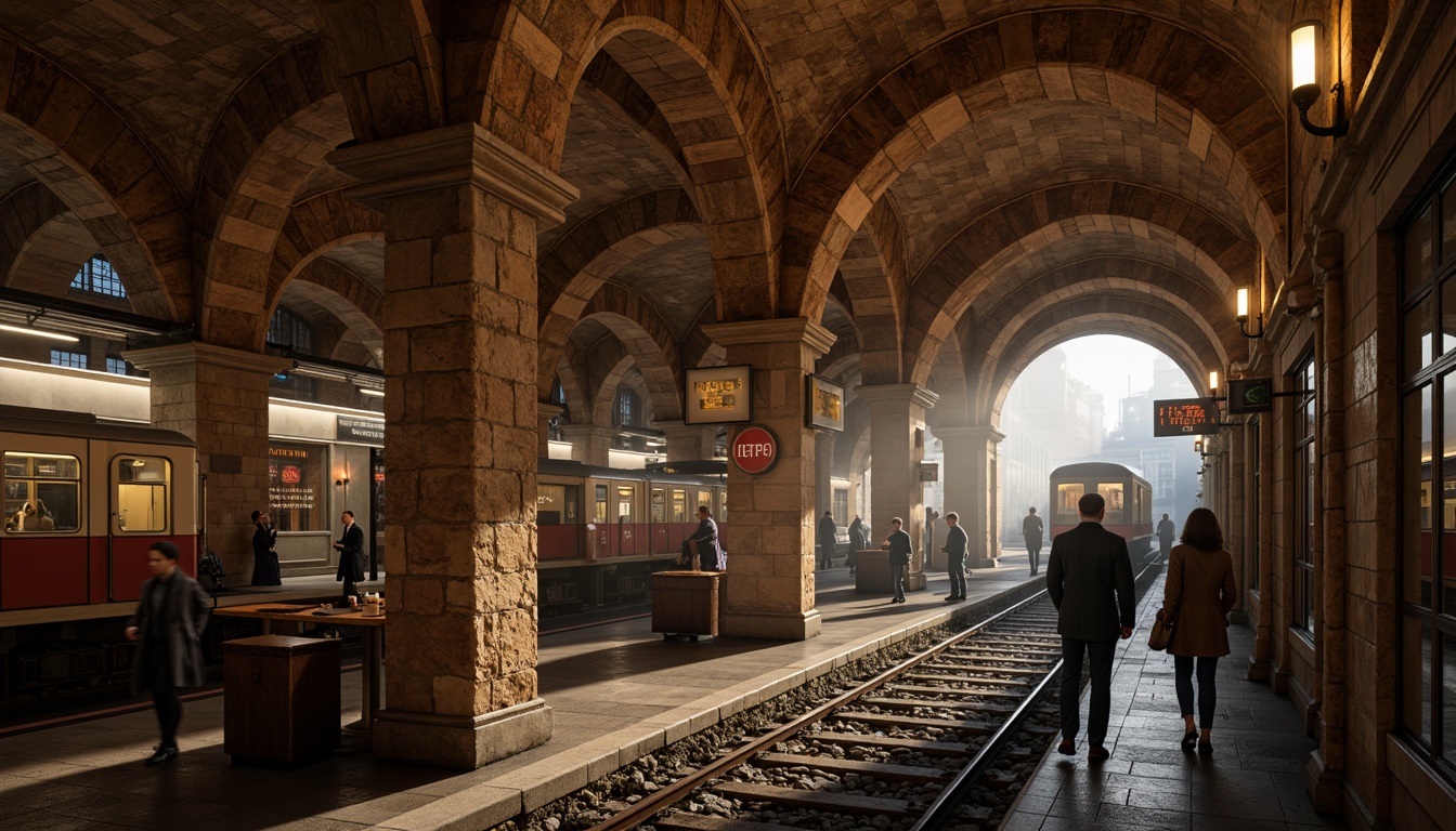 Prompt: Romanesque style metro station, rustic stone walls, arched ceilings, ornate columns, intricate carvings, richly textured brickwork, earthy tones, warm lighting, atmospheric ambiance, vintage train cars, historic architecture, industrial heritage, urban infrastructure, busy commuter scene, morning rush hour, soft focus, shallow depth of field, 1/1 composition, realistic textures, ambient occlusion.