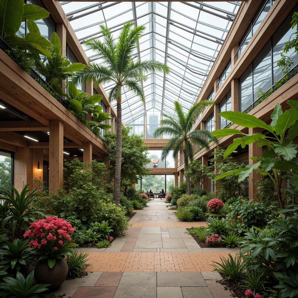 Prompt: Vibrant greenhouse interior, lush tropical plants, exotic flowers, warm wooden accents, natural stone floors, misty atmosphere, soft diffused lighting, shallow depth of field, 1/1 composition, realistic textures, ambient occlusion, glass roof, steel frames, modern minimalist design, eco-friendly materials, sustainable energy solutions, automatic irrigation systems, humidification systems, comfortable seating areas, colorful ceramic pots, intricate leaf patterns.