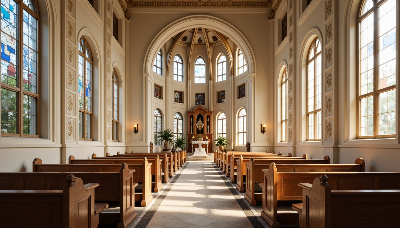 Prompt: Elegant church interior, soft warm lighting, creamy whites, rich wood tones, subtle gold accents, stained glass windows, vibrant blues, calming greens, serene ambiance, peaceful atmosphere, ornate details, traditional architecture, grandiose ceilings, dramatic arches, refined furnishings, luxurious textiles, intricate patterns, spiritual symbols.