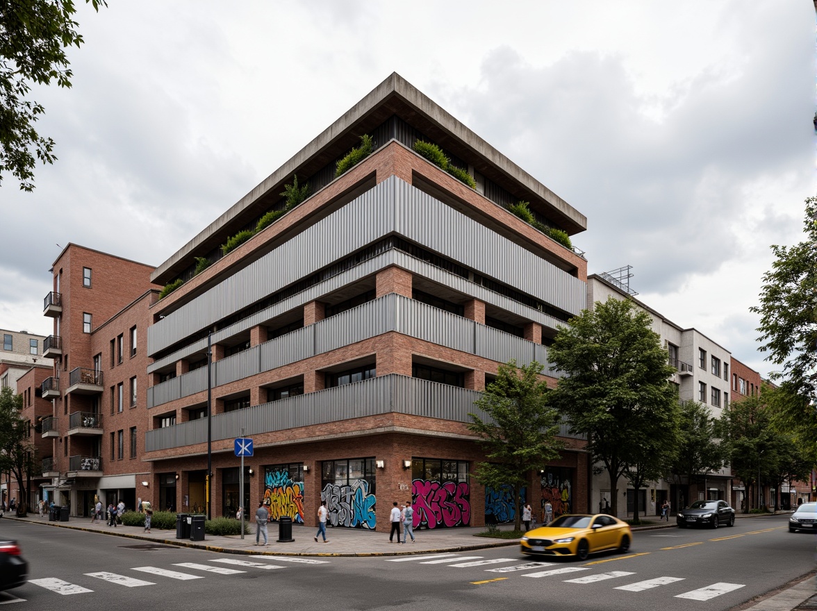 Prompt: Rustic warehouse building, exposed brick walls, industrial metal frames, reclaimed wood accents, corrugated metal cladding, bold colorful graffiti, urban cityscape, overcast cloudy day, soft natural lighting, shallow depth of field, 1/2 composition, realistic textures, ambient occlusion, innovative facade systems, double-skin facades, solar panels integration, green roofs, rainwater harvesting systems, vertical gardens, living walls, industrial-chic aesthetic, distressed finishes, metallic tones, urban loft atmosphere.