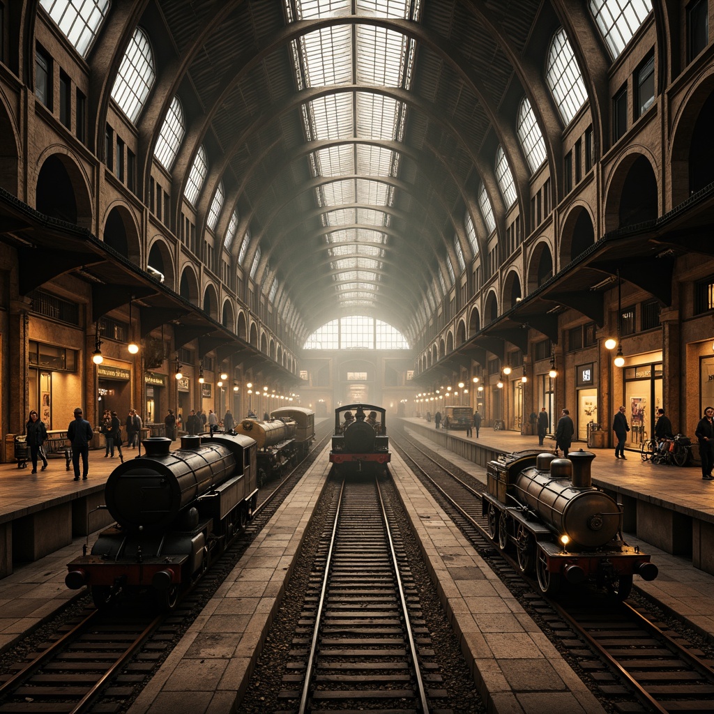 Prompt: Grandiose train station, pointed arches, ribbed vaults, flying buttresses, stained glass windows, intricate stone carvings, ornate metalwork, dramatic lighting, elevated platforms, vintage locomotives, rusty rails, industrial textures, atmospheric mist, warm golden tones, shallow depth of field, 1/2 composition, symmetrical framing.