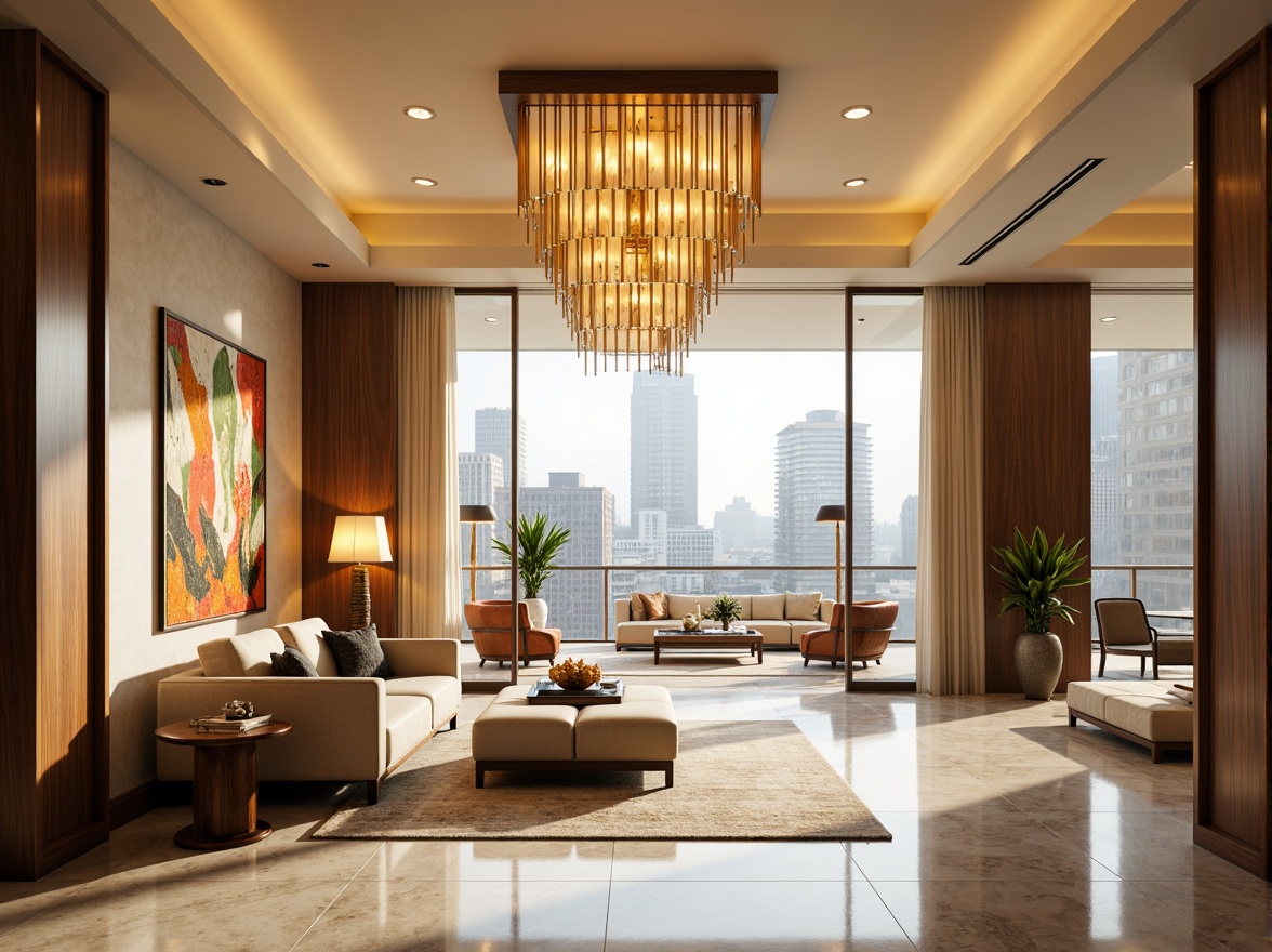 Prompt: Luxurious interior, modern chandelier, warm ambient lighting, LED strip lights, floor lamps, table lamps, pendant lights, cozy atmosphere, sleek metal fixtures, minimalist design, sophisticated color palette, cream-colored walls, polished marble floors, plush furniture, vibrant artwork, large windows, cityscape views, sunny day, soft natural light, shallow depth of field, 1/1 composition, realistic textures, ambient occlusion.