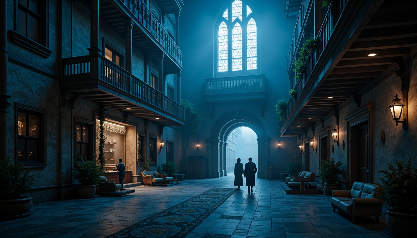 Prompt: Moody Prussian blue buildings, ornate Gothic architecture, grandiose entrance halls, intricate stone carvings, mysterious dim lighting, vaulted ceilings, ribbed arches, stained glass windows, lavish furnishings, regal atmosphere, dramatic shadows, cinematic composition, low-key lighting, atmospheric fog, eerie mist, mystical ambiance.