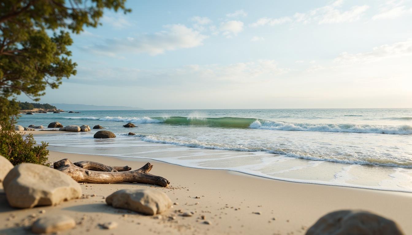 Prompt: Calming ocean waves, soft sandy beach, serene sky blue, gentle sea foam, weathered driftwood, natural stone textures, creamy whites, soothing pale greens, misty morning light, warm golden sunlight, shallow depth of field, atmospheric perspective, 3/4 composition, harmonious color balance, realistic reflections, ambient occlusion.