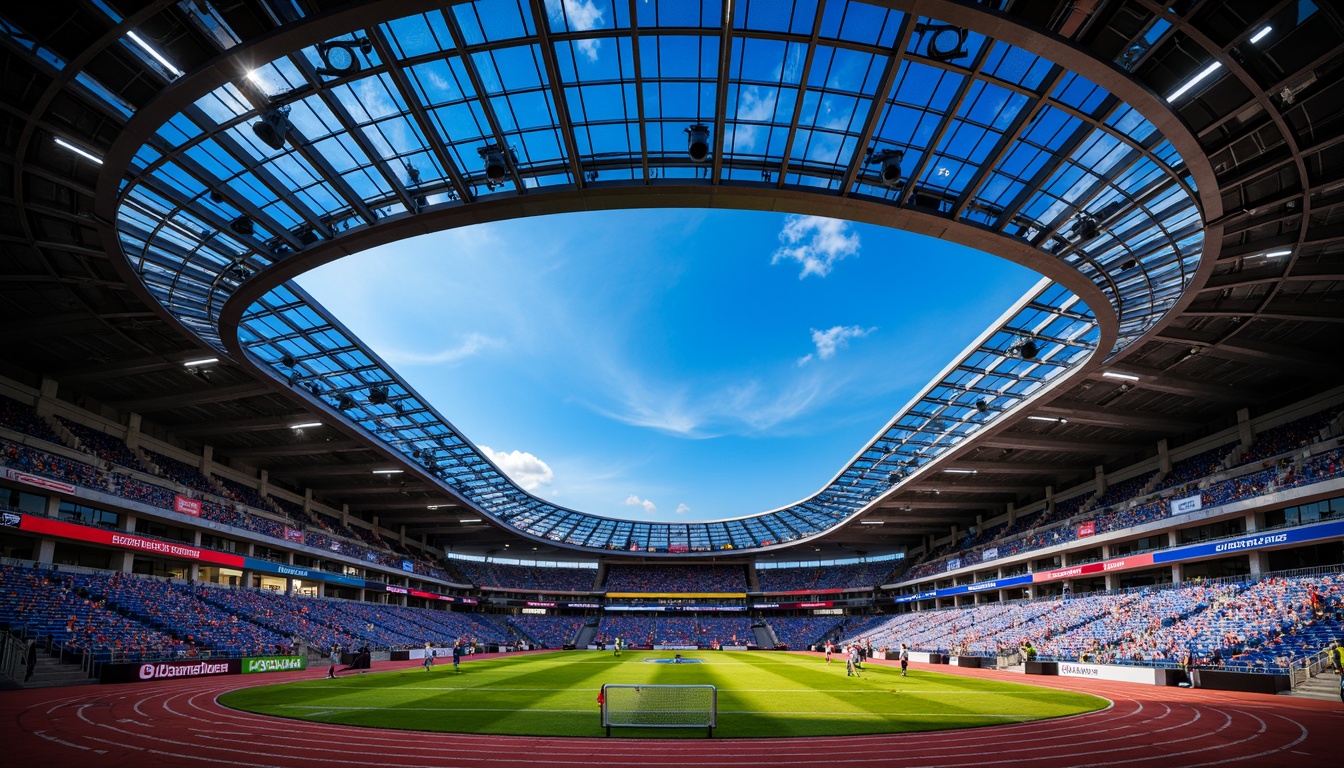 Prompt: Vibrant stadium interior, bold color contrast, bright LED lights, dynamic seating arrangements, sleek metallic structures, modern athletic track, lush green grass, high-contrast signage, energetic atmosphere, dramatic shadows, low-angle lighting, 1/1 composition, shallow depth of field, realistic textures, ambient occlusion.