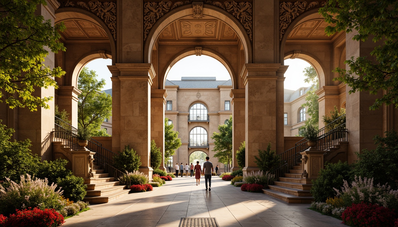 Prompt: \Grand metro station entrance, Romanesque arches, ornate stone carvings, lush greenery, vibrant flowers, intricate mosaics, warm golden lighting, shallow depth of field, 3/4 composition, symmetrical layout, majestic columns, rustic stonework, ornamental ironwork, grand staircases, elegant fountains, serene atmosphere, soft warm colors, panoramic view, realistic textures, ambient occlusion.\