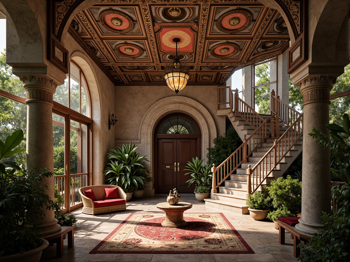 Prompt: Eclectic mansion, grandiose entrance, ornate facades, intricate stone carvings, vibrant color schemes, mixed materiality, bold geometric shapes, asymmetrical compositions, lavish decorations, opulent furnishings, rich textiles, patterned rugs, statement lighting fixtures, dramatic staircases, sweeping archways, lush greenery, natural light pouring in, warm cozy ambiance, soft focus photography, 1/2 composition, atmospheric perspective, cinematic depth of field.