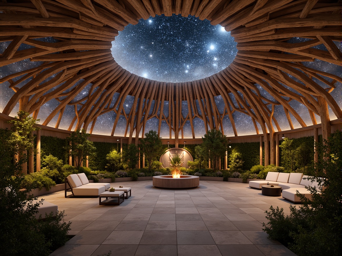 Prompt: Geodesic dome, organic shapes, natural stone walls, earthy tones, soft diffused lighting, warm ambient glow, starry night sky projections, astronomical displays, circular seating areas, cozy nooks, lush greenery, living walls, reclaimed wood accents, eco-friendly materials, minimalist decor, subtle texture variations, shallow depth of field, 1/1 composition, realistic renderings, atmospheric effects, soft focus blur.