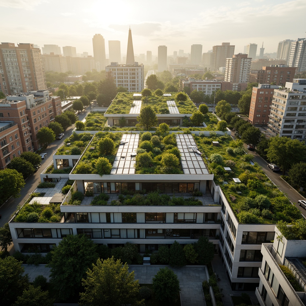 Prompt: Eco-friendly residential complex, green roofs, solar panels, wind turbines, water conservation systems, recycled materials, minimalist design, angular lines, industrial chic aesthetic, urban landscape, bustling cityscape, morning sunlight, soft warm lighting, shallow depth of field, 3/4 composition, panoramic view, realistic textures, ambient occlusion.