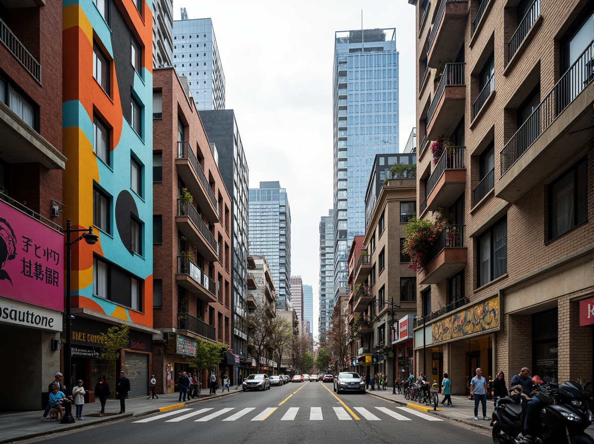 Prompt: Fragmented cityscape, deconstructed buildings, abstract shapes, bold colors, urban chaos, bustling streets, pedestrian traffic, street art, graffiti walls, modern skyscrapers, asymmetrical forms, irregular angles, dynamic lighting, dramatic shadows, cinematic atmosphere, shallow depth of field, 1/1 composition, realistic textures, ambient occlusion.