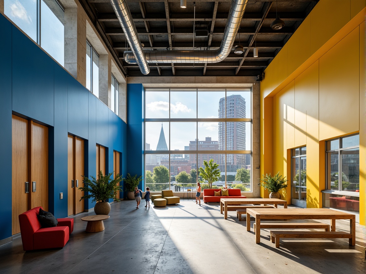 Prompt: Vibrant youth center, bold constructivist architecture, primary color scheme, bright blue accents, warm yellow walls, geometric shapes, metallic surfaces, industrial chic, exposed ductwork, minimalist decor, functional furniture, collaborative workspaces, natural light pouring in, urban cityscape, afternoon sunlight, high contrast lighting, shallow depth of field, 1/2 composition, modernist typography, abstract artwork, graphic patterns.