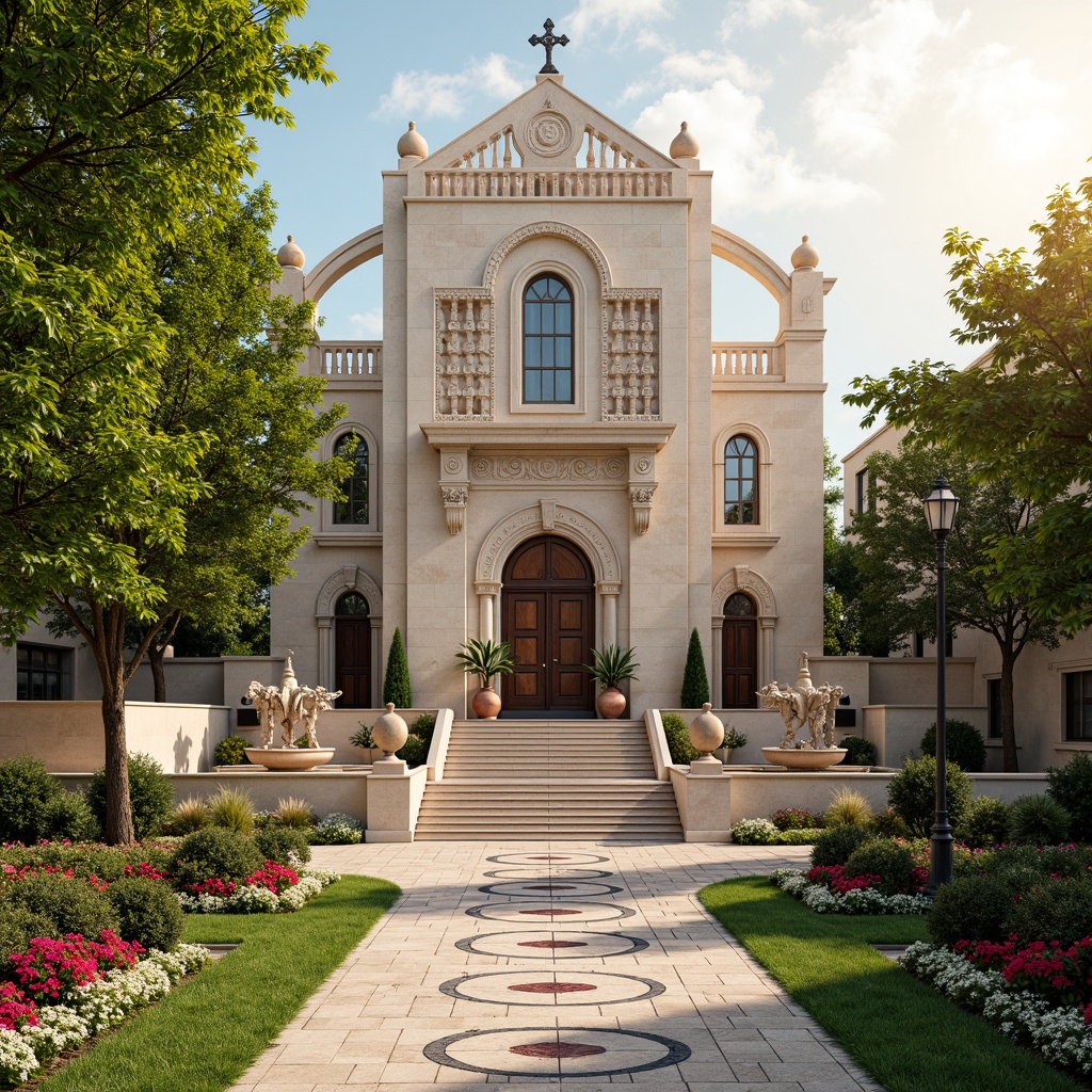 Prompt: Elegant church facade, ornate stone carvings, symmetrical entrance, grand staircase, lush greenery, vibrant flowers, manicured lawns, decorative fountains, intricate ironwork, geometric patterns, bold colorful accents, symmetrical pathways, ornate lamp posts, Art Deco-inspired sculptures, sun-drenched courtyard, warm golden lighting, shallow depth of field, 1/1 composition, realistic textures, ambient occlusion.