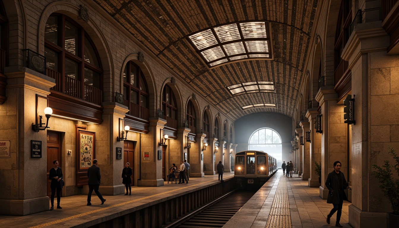 Prompt: Historic Romanesque metro station, grand arches, ornate carvings, robust stone columns, rustic brickwork, intricate masonry patterns, vaulted ceilings, dramatic lighting, warm earthy tones, industrial metal beams, vintage signage, distressed stonework, weathered facades, aged copper accents, richly textured surfaces, atmospheric fog effects, cinematic camera angles, 2.35