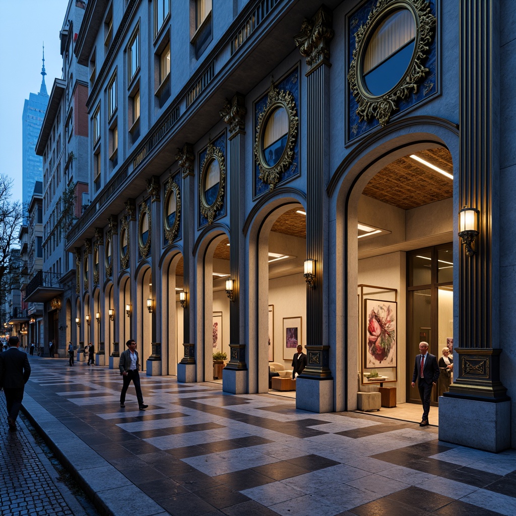 Prompt: \Majestic building facade, Prussian blue accents, ornate gold details, grandiose columns, luxurious marble floors, intricate stonework, dramatic archways, sophisticated urban setting, morning misty atmosphere, soft warm lighting, 1/1 composition, symmetrical balance, high-contrast shadows, rich textures, atmospheric perspective.\