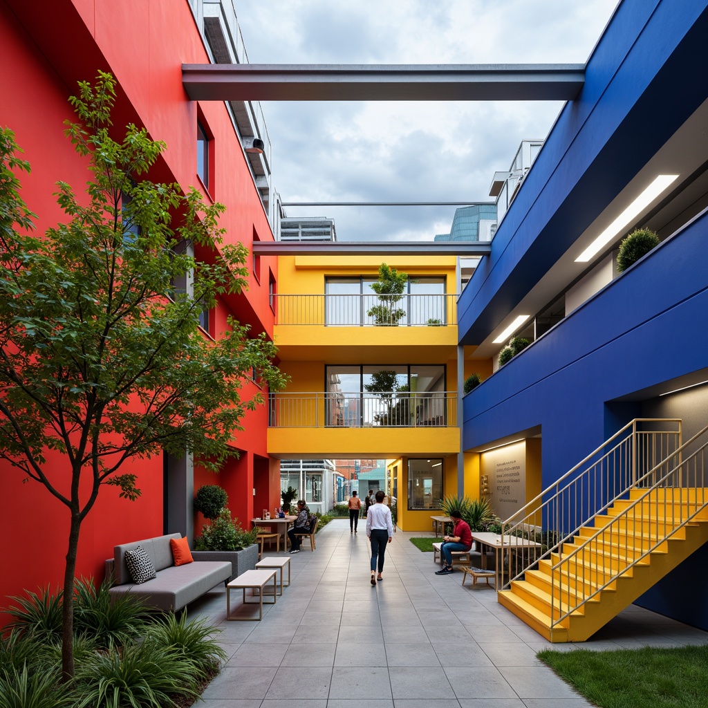 Prompt: Vibrant youth center, bold geometric shapes, primary color scheme, bright red accents, deep blue walls, yellow staircases, green outdoor spaces, industrial metal beams, exposed ductwork, minimalist furnishings, functional layouts, collaborative workspaces, inspirational quotes, urban cityscape views, cloudy sky, soft natural light, shallow depth of field, 2/3 composition, realistic textures, ambient occlusion.