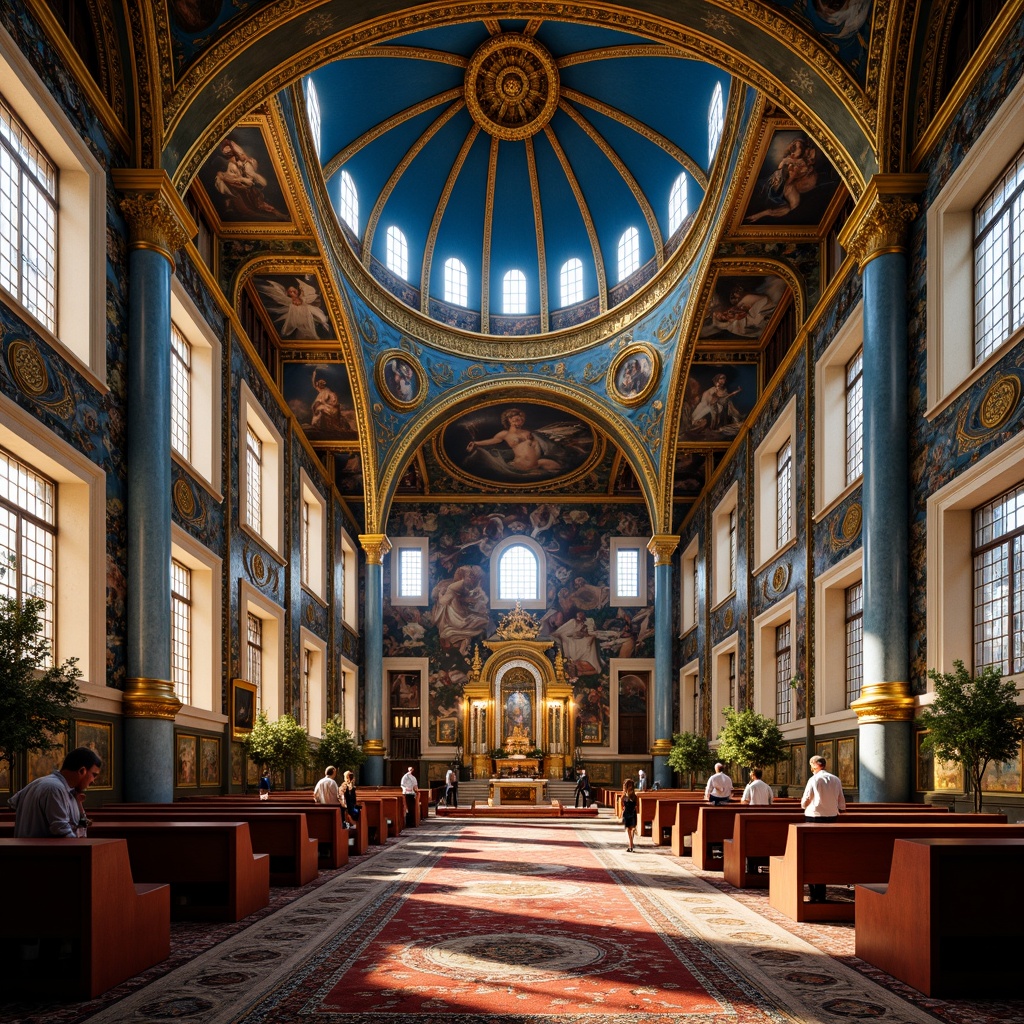 Prompt: Byzantine church, azure domes, golden accents, intricate mosaics, ornate frescoes, richly patterned textiles, lavish furnishings, regal atmosphere, majestic architecture, grandiose scale, warm natural lighting, dramatic shadows, 3/4 composition, symmetrical layout, ornate details, realistic textures, ambient occlusion.