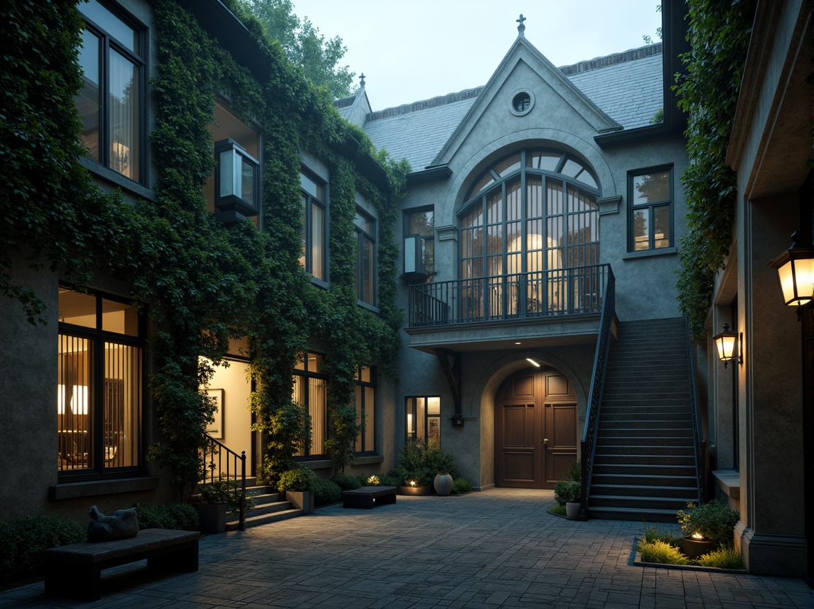 Prompt: Mysterious office courtyard, overgrown vines, dark stone walls, twisted metal gates, eerie lanterns, misty atmosphere, foggy morning, dramatic shadows, asymmetrical architecture, pointed arches, ribbed vaults, flying buttresses, grand staircases, ornate ironwork, mysterious gargoyles, weathered copper roofs, moss-covered statues, ancient trees, twinkling string lights, mystical ambiance, 1/1 composition, cinematic lighting.