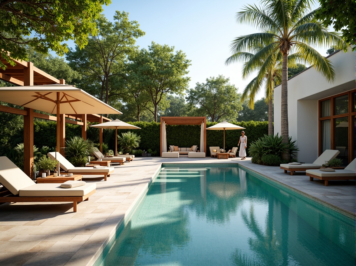 Prompt: Tranquil backyard oasis, lush greenery, natural stone decking, infinity edge pool, crystal clear water, sunny day, warm ambiance, outdoor lounge chairs, colorful umbrellas, tropical plants, palm trees, wooden pergola, soft warm lighting, shallow depth of field, 3/4 composition, panoramic view, realistic textures, ambient occlusion, modern minimalist architecture, large windows, sliding glass doors, sleek lines, luxury outdoor furniture, resort-style amenities.