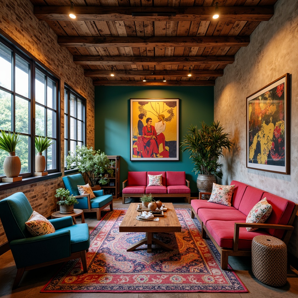 Prompt: Vibrant eclectic interior, bold mix-and-match furniture, distressed wooden accents, ornate metal details, rich velvet fabrics, Moroccan-inspired tiles, bright pops of color, abstract artwork, vintage decorative items, soft warm lighting, shallow depth of field, 1/2 composition, realistic textures, ambient occlusion.