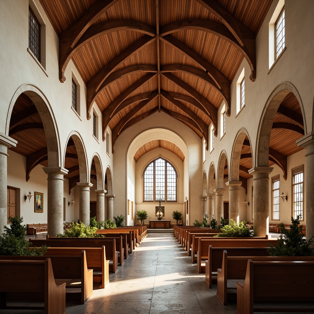 Prompt: Serene church interior, vaulted ceilings, stained glass windows, warm beige stone walls, rich wood accents, elegant pews, subtle cream tones, soft golden lighting, dramatic chandeliers, majestic archways, peaceful ambiance, natural texture, earthy color scheme, rustic charm, spiritual atmosphere, calming blue hues, heavenly white accents, divine illumination, 1/2 composition, shallow depth of field, warm shadows.