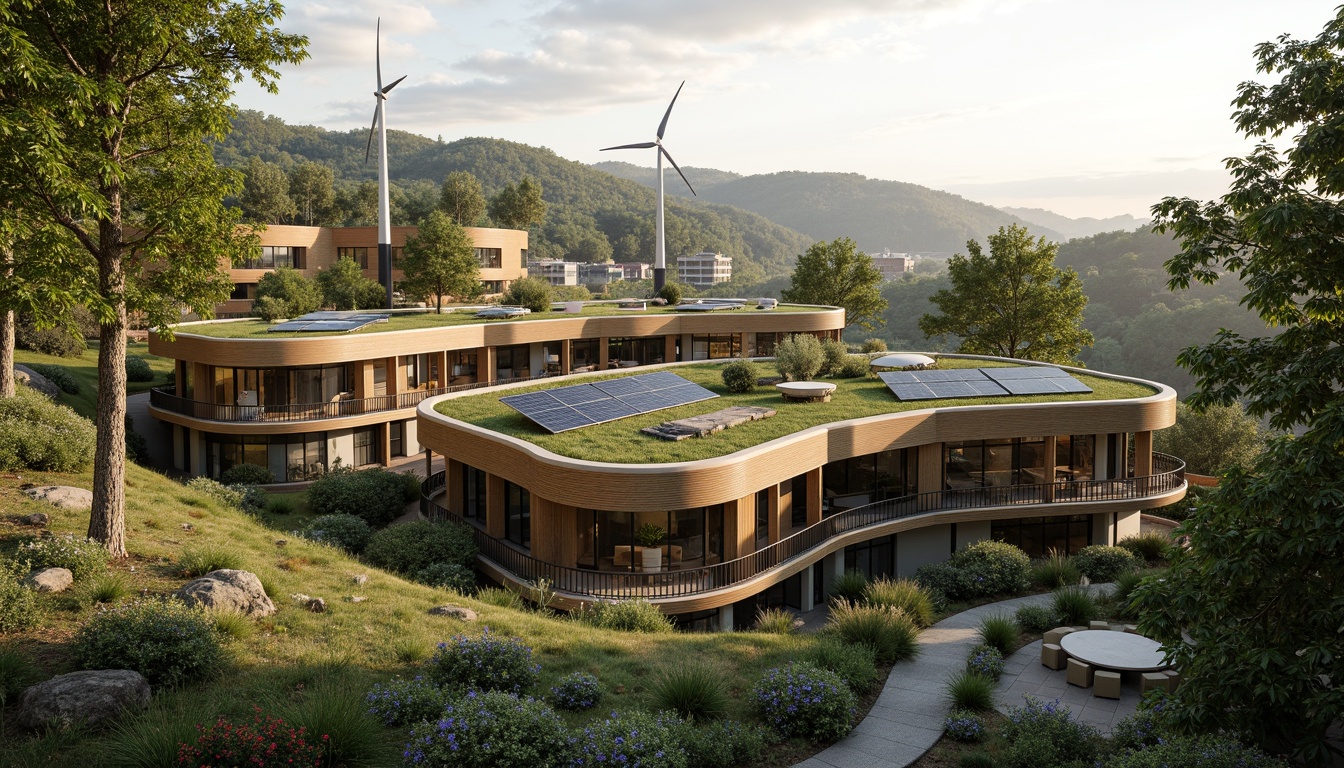 Prompt: Eco-friendly building, green roofs, solar panels, wind turbines, rainwater harvesting systems, natural ventilation, recycled materials, living walls, organic shapes, curved lines, earthy tones, wooden accents, stone features, lush vegetation, serene atmosphere, warm sunlight, soft shadows, shallow depth of field, 3/4 composition, panoramic view, realistic textures, ambient occlusion.