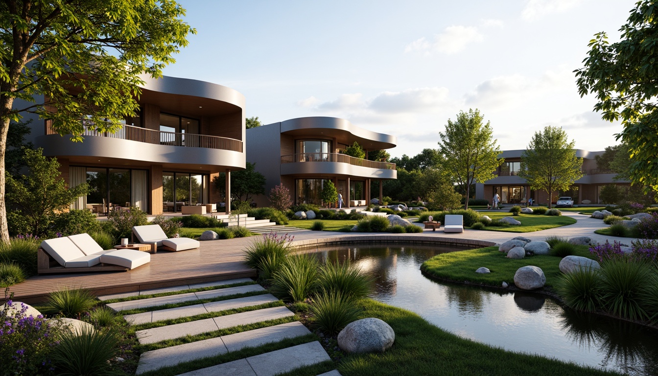 Prompt: Curved modern homes, sleek lines, minimalist fa\u00e7ades, lush greenery, vibrant flowers, natural stone pathways, wooden decks, tranquil water features, gentle streams, serene ponds, soft warm lighting, shallow depth of field, 3/4 composition, panoramic view, realistic textures, ambient occlusion, rustic wooden bridges, native plants, wildflowers, meandering walkways, outdoor seating areas, fire pits, lanterns, and modern outdoor furniture.