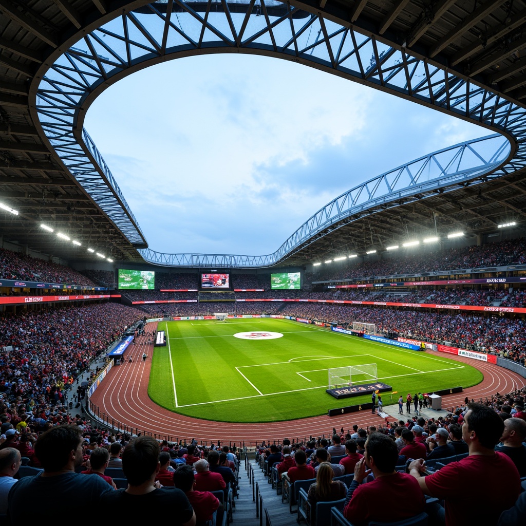 Prompt: Dynamic football stadium, angular steel beams, cantilevered roofs, sleek glass facades, vibrant team colors, energetic crowds, lush green grass, modern athletic track, electronic scoreboards, floodlighting systems, evening misty atmosphere, shallow depth of field, 3/4 composition, panoramic view, realistic textures, ambient occlusion.