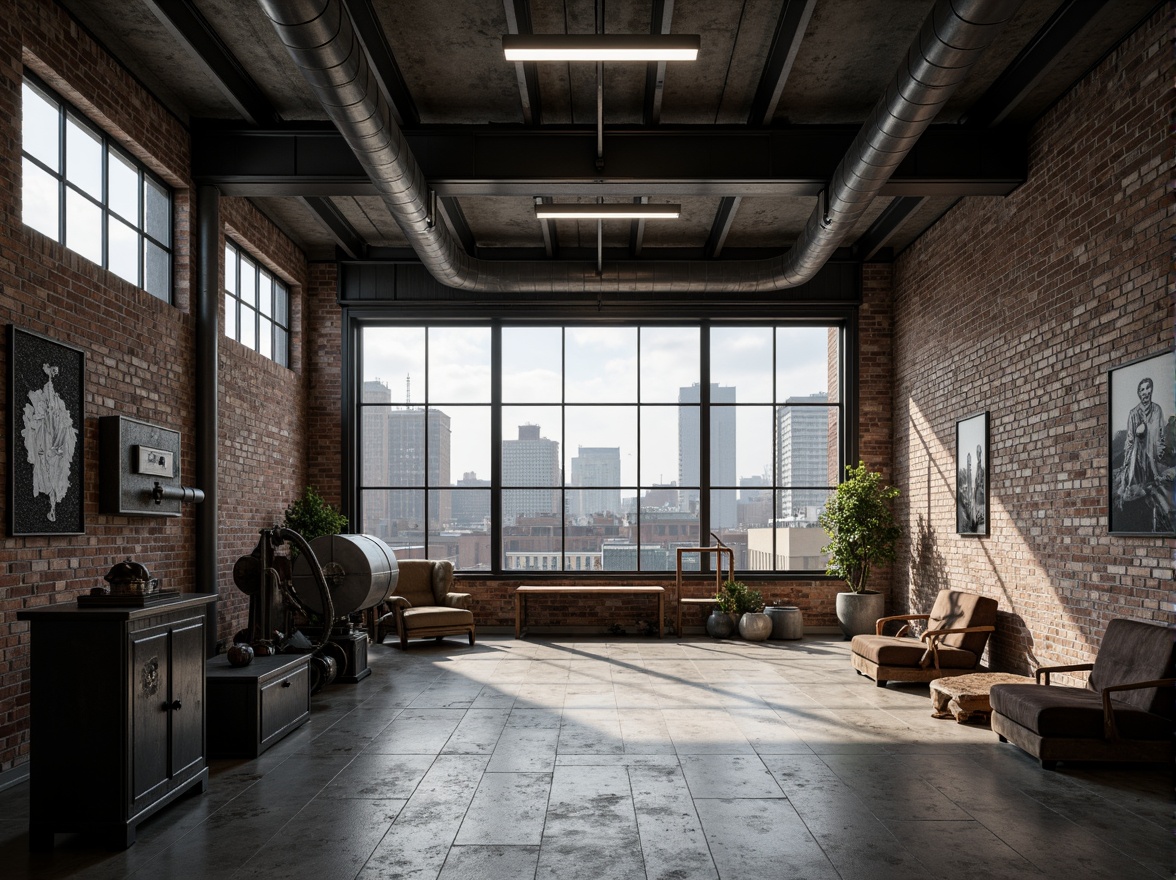 Prompt: Industrial-chic factory building, exposed brick walls, metal beams, concrete floors, functional pipes, minimalist decor, sleek machinery, urban cityscape, cloudy grey sky, dramatic backlighting, high contrast, 1/2 composition, symmetrical framing, distressed textures, vintage industrial props, raw metal accents, reclaimed wood furniture, geometric patterns, bold typography, monochromatic color scheme, neutral tone palette.