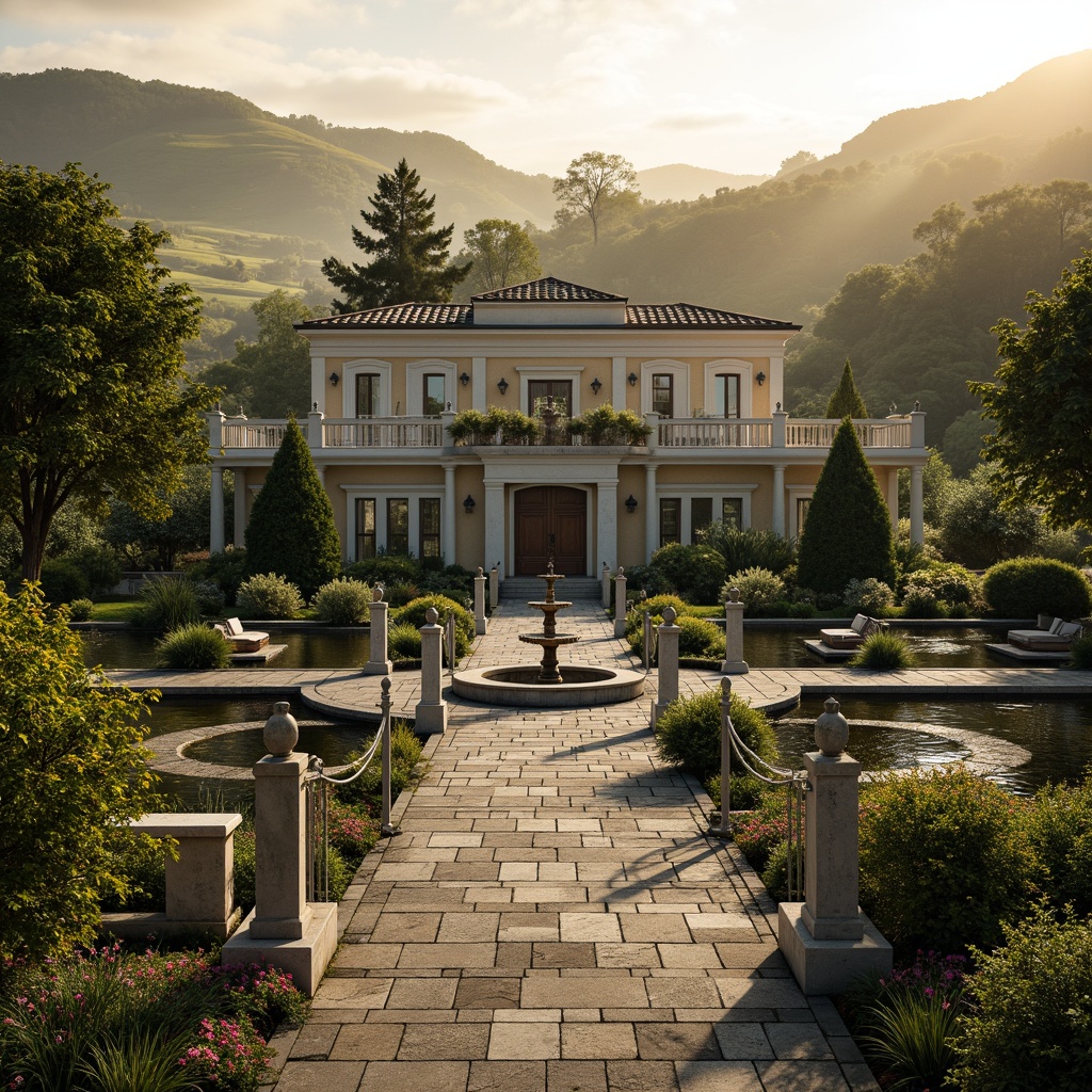 Prompt: Renaissance-style villa, rolling hills, lush greenery, blooming flowers, meandering stone pathways, ornate fountains, serene water features, rustic wooden bridges, elegant statues, classical architectural elements, symmetrical compositions, warm golden lighting, soft misty atmosphere, shallow depth of field, 2/3 composition, cinematic view, realistic textures, ambient occlusion.