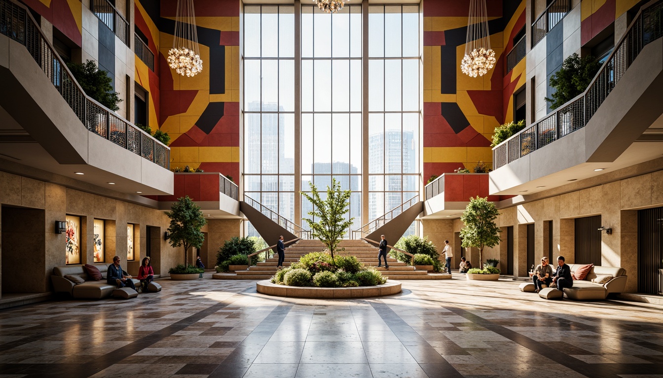 Prompt: Grand atrium, high ceilings, natural light pouring in, marble flooring, ornate chandeliers, sweeping staircases, modernist architecture, bold geometric shapes, vibrant color schemes, intricate patterns, grandeur atmosphere, dramatic lighting, shallow depth of field, 1/1 composition, symmetrical view, realistic textures, ambient occlusion, courthouse fa\u00e7ade, columnar structures, postmodernist design elements, abstract sculptures, lush greenery, water features, public art installations, bustling communal areas, comfortable seating areas.