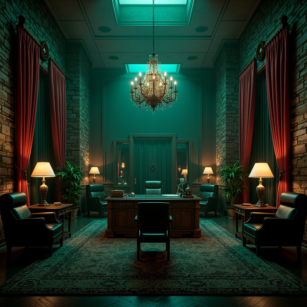 Prompt: Dark, mysterious office space, ornate wooden furniture, heavy drapery, grand chandeliers, vaulted ceilings, stone walls, dramatic lighting, eerie shadows, rich jewel-toned colors, emerald green, crimson red, midnight blue, luxurious velvet textures, antique metal accents, mystical ambiance, cinematic atmosphere, intense contrast, high-drama color scheme, mysterious misty effect, 1/2 composition, low-key lighting, detailed textures, realistic rendering.