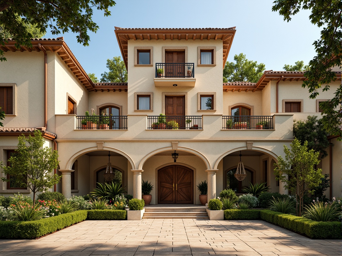 Prompt: Rustic villa facade, warm beige stonework, ornate wooden doors, elegant archways, grandiose columns, curved balconies, decorative ironwork, lush greenery, climbing vines, Mediterranean landscape, sunny afternoon, soft warm lighting, shallow depth of field, 3/4 composition, panoramic view, realistic textures, ambient occlusion, classic Renaissance architecture, symmetrical design, ornate carvings, grand entrance, sweeping staircases, opulent chandeliers.