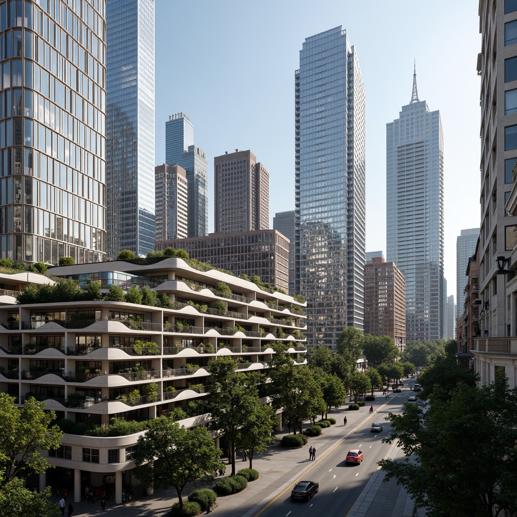 Prompt: Glass skyscrapers, rectangular forms, clean lines, minimal ornamentation, functional simplicity, open floor plans, curtain walls, steel frames, cantilevered balconies, rooftop gardens, urban cityscape, busy streets, modern metropolis, sunny day, soft warm lighting, shallow depth of field, 3/4 composition, panoramic view, realistic textures, ambient occlusion.