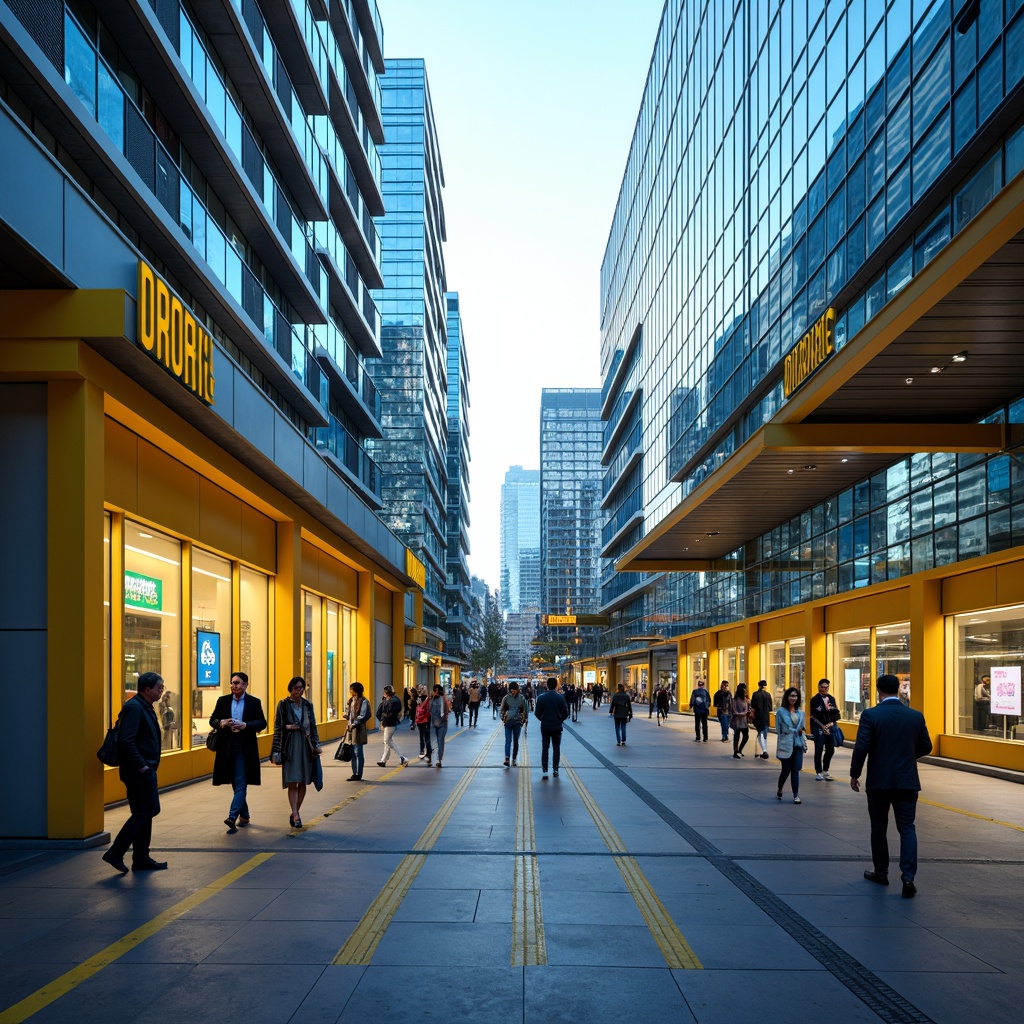 Prompt: Vibrant bus station, modern architecture, bold color scheme, bright yellow accents, deep blue tones, neutral grey surfaces, sleek metal frames, transparent glass roofs, dynamic LED lighting, futuristic design elements, urban cityscape, bustling pedestrian traffic, morning commute atmosphere, shallow depth of field, 1/1 composition, realistic textures, ambient occlusion.