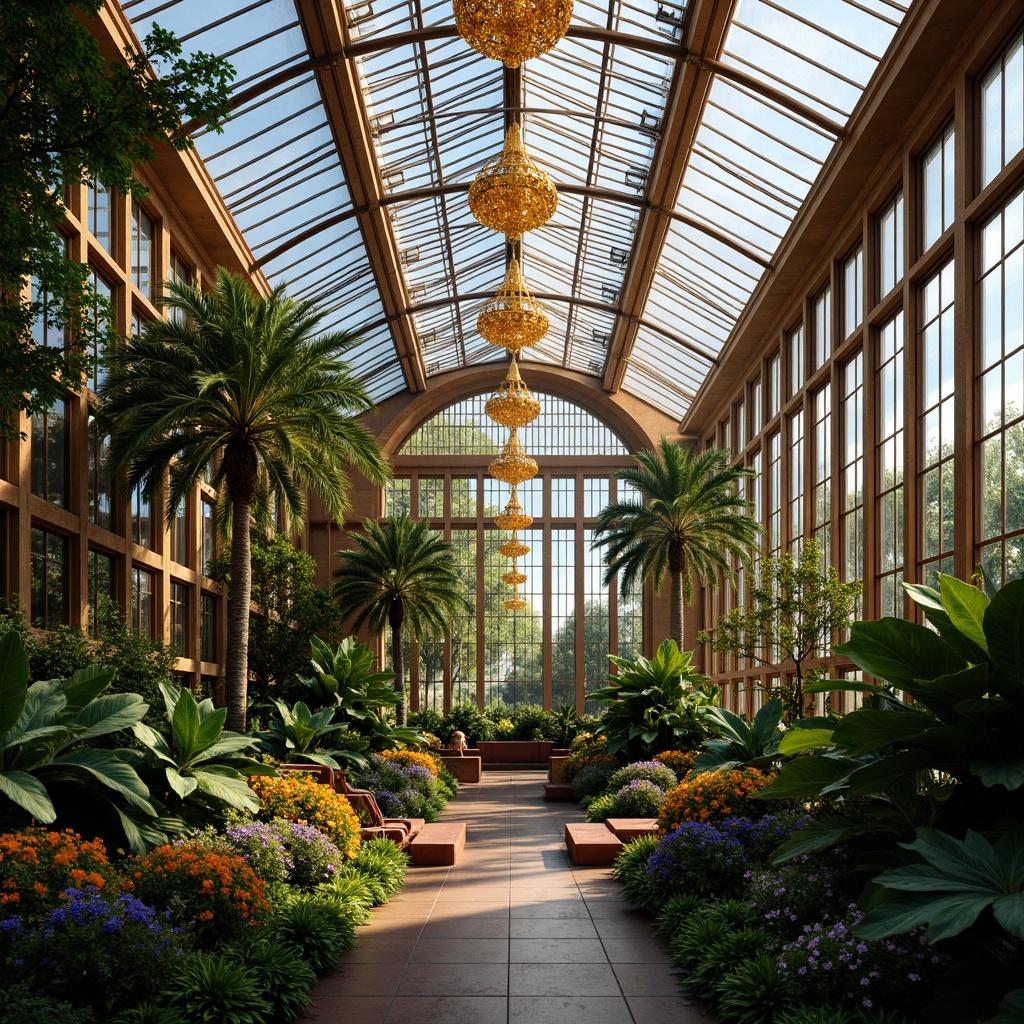 Prompt: Luxuriant Art Deco greenhouse, ornate metal frames, stained glass windows, botanical gardens, lush greenery, vibrant flowers, elegant chandeliers, warm soft lighting, golden accents, geometric patterns, metallic materials, sophisticated design, refined lines, symmetrical composition, 1/1 aspect ratio, natural ambient lighting, warm color temperature, subtle shadows, delicate textures, ornate details, opulent atmosphere.