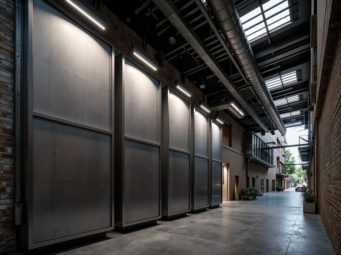 Prompt: Industrial chic, galvanized steel fa\u00e7ade, exposed ductwork, metallic luster, urban landscape, brutalist architecture, raw concrete walls, reclaimed wood accents, edgy lines, modern minimalism, moody lighting, dramatic shadows, high-contrast textures, atmospheric perspective, 1/2 composition, cinematic mood, realistic reflections.