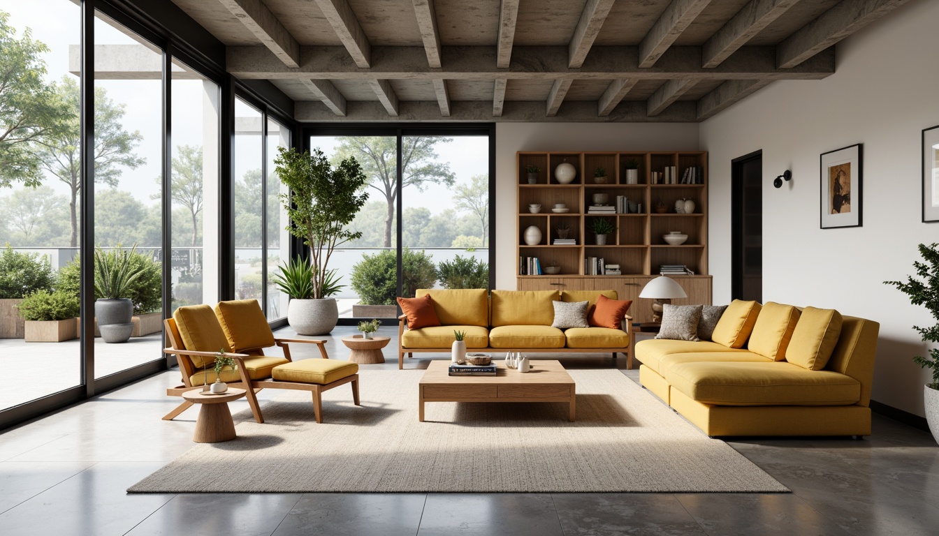 Prompt: Open living space, minimalist decor, industrial materials, exposed ductwork, polished concrete floors, floor-to-ceiling windows, sliding glass doors, functional built-in shelves, geometric-shaped furniture, primary color accents, natural textiles, abundant natural light, airy atmosphere, modernist architecture, clean lines, simplicity emphasis, functional simplicity, 1/1 composition, softbox lighting, realistic reflections.