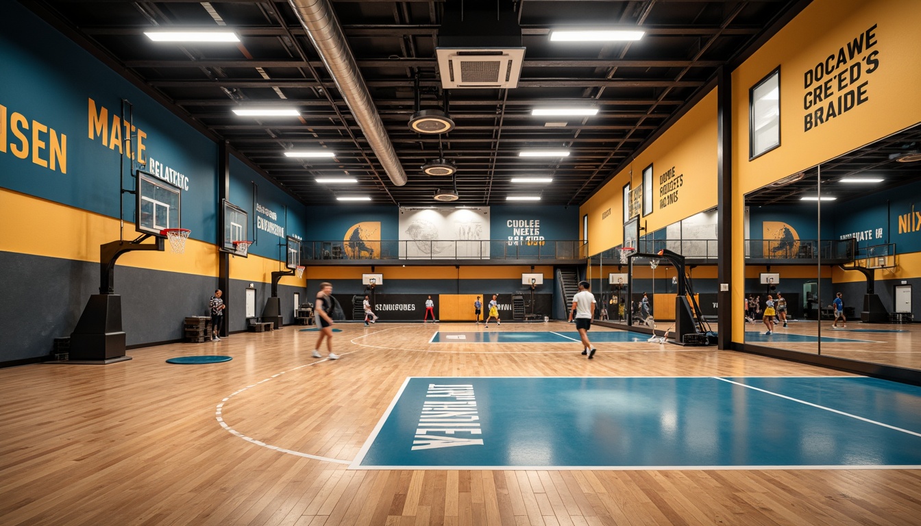 Prompt: Modern gymnasium interior, high ceilings, polished wooden floors, professional sports equipment, basketball hoops, tennis courts, mirrored walls, motivational quotes, bright color schemes, LED lighting systems, suspended ceiling fixtures, indirect warm lighting, 1/1 composition, shallow depth of field, soft focus effect, athletic atmosphere, dynamic shadows, realistic reflections.